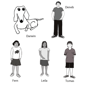 Cartoon Characters - Darwin, Deneb, Fern, Leila and Tomas